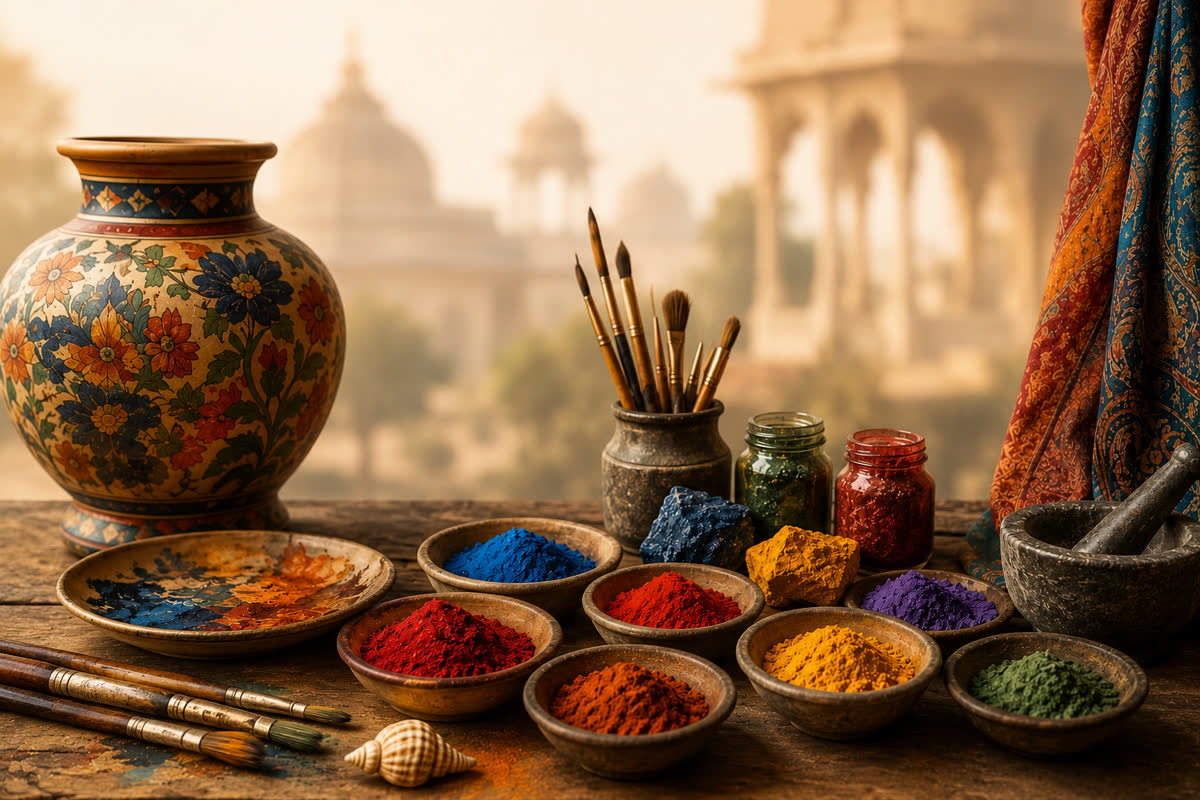Pigments colorés, pinceaux et poterie peinte